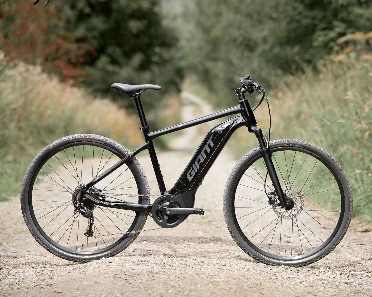 Black electric bike on a dirt path with greenery in the background